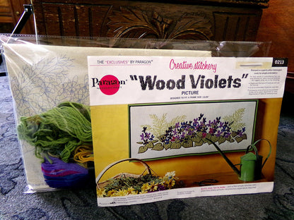 WOOD VIOLETS Paragon Needlecraft CREWEL Embroidery Kit #0213 ~ Hippie Vintage 70s Style Woodland Floral Wall Hanging, Barbara Sparre Design