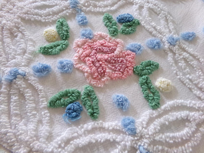 beach cottage fabric, cut from vintage chenille bedspread, 18" x 34" piece with 2 floral motifs, ideal for quilting & sewing