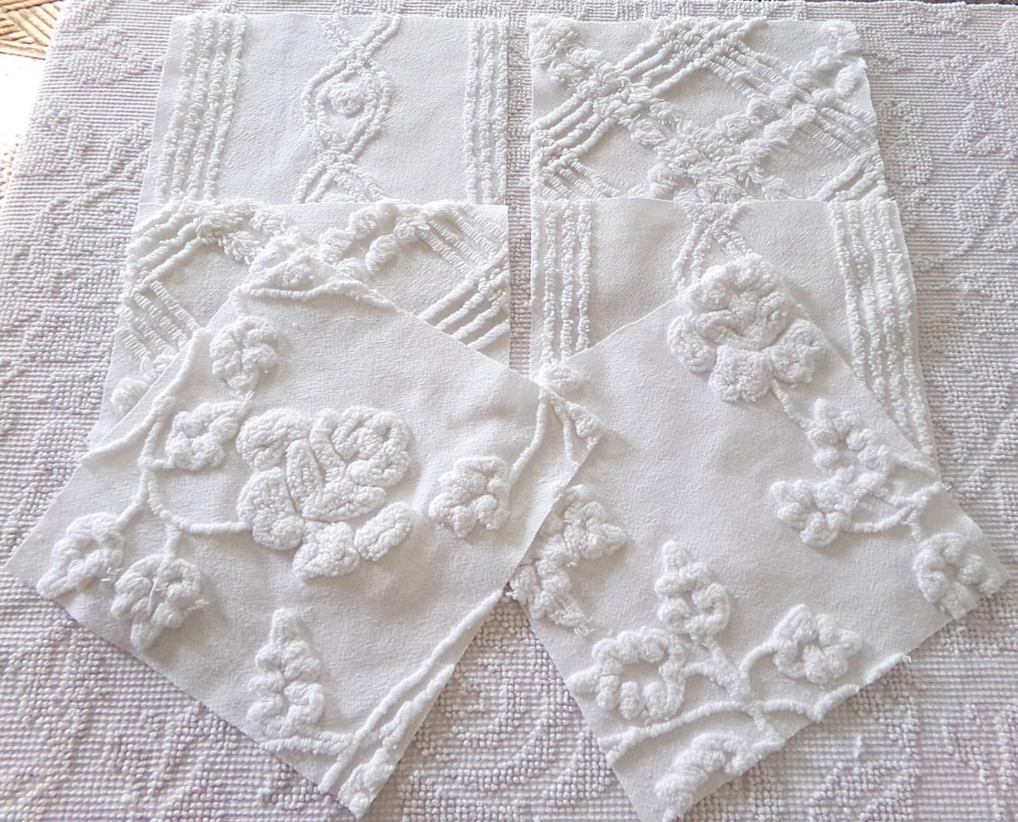 rambling rose vintage chenille fabric squares, set of 6 large 9.5" white quilt blocks, floral & geometric prints for sewing, quilting