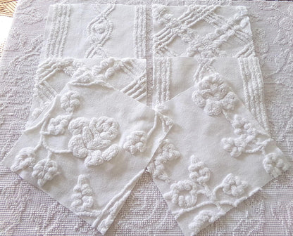 rambling rose vintage chenille fabric squares, set of 6 large 9.5" white quilt blocks, floral & geometric prints for sewing, quilting