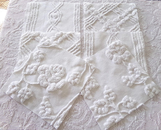 rambling rose vintage chenille fabric squares, set of 6 large 9.5" white quilt blocks, floral & geometric prints for sewing, quilting