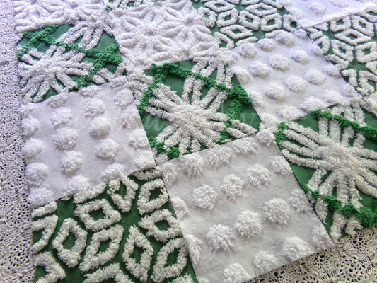 winter's enchantment vintage chenille fabric squares, set of 16 green & white quilting blocks, 6" each for patchwork pillows, quilt inlays