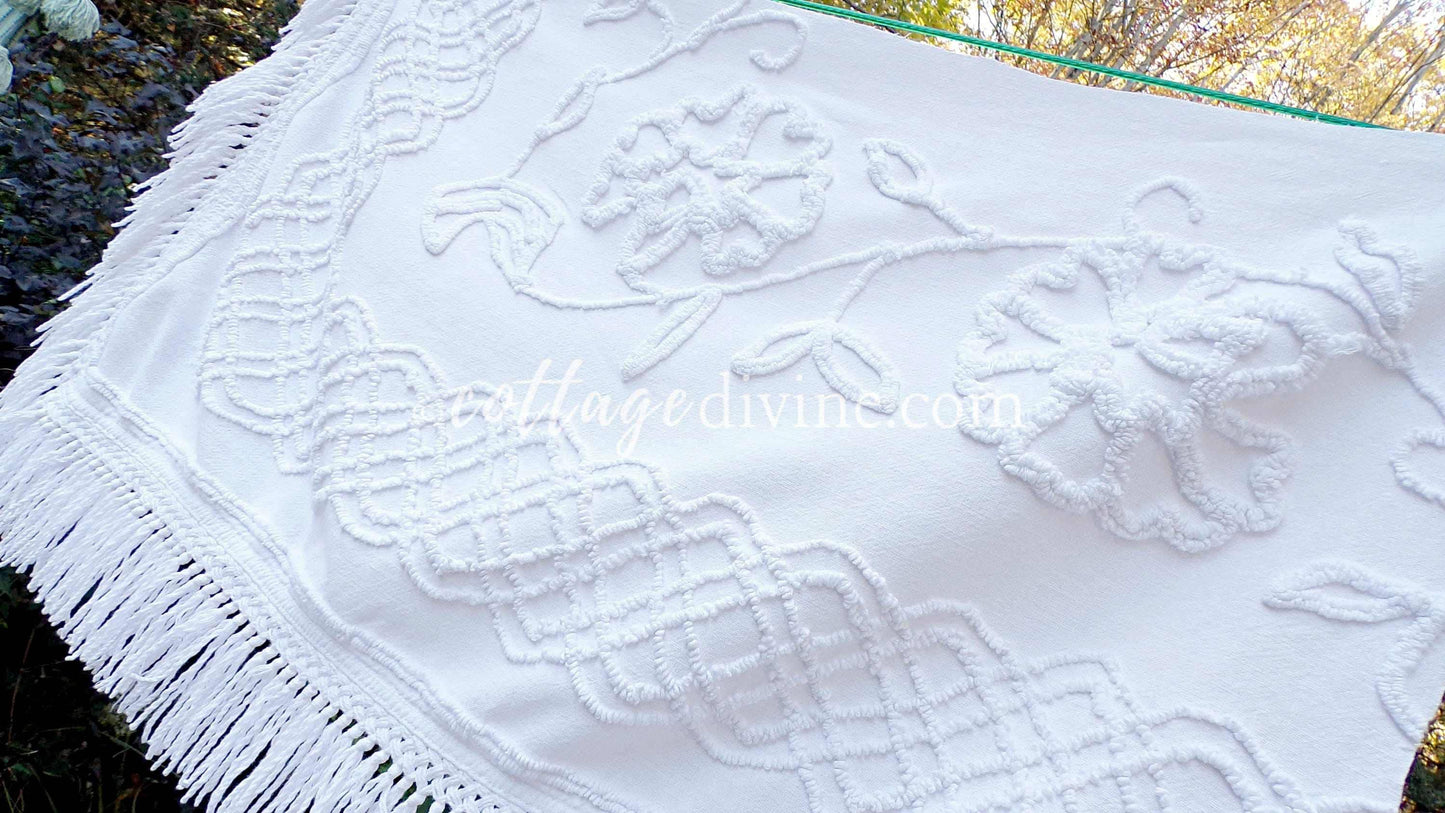 Farmhouse Style White Floral Chenille Fabric, Vintage 16" x 28" inch Piece, Great for Pillows & Quilting
