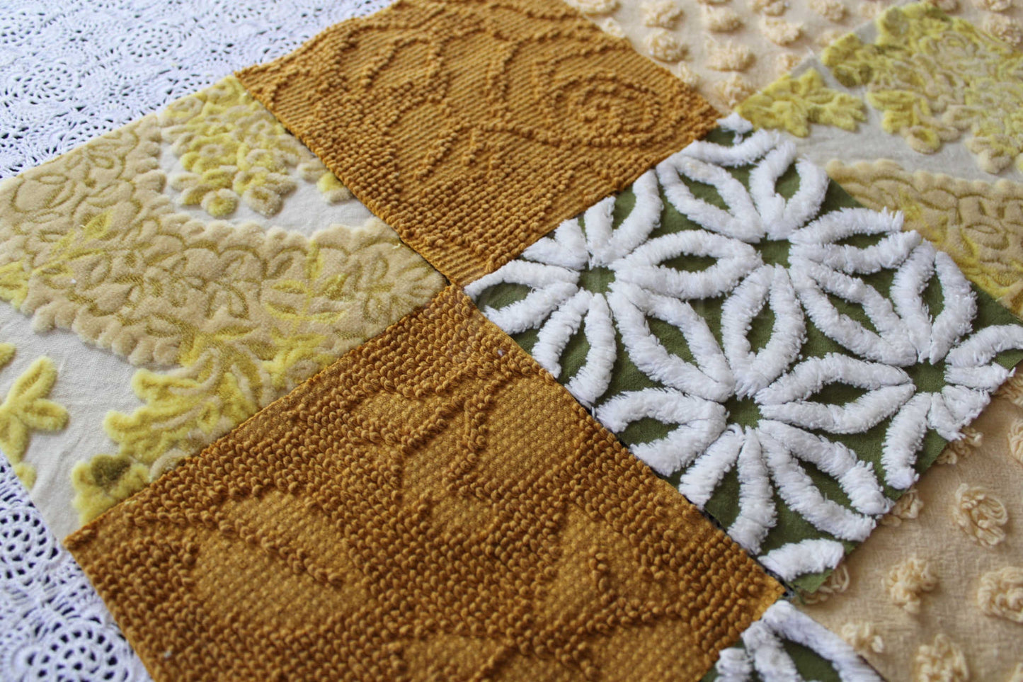 SuMmeR of LoVe Chenille & Velvet Quilt Squares Set, from Vintage Bedspread Fabric, 16 Blocks, 6" x 6" inches each, Earthtone Hippie Vibes