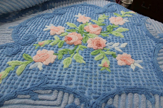 shabby chic vintage chenille bedspread by RETRAC Carter Bros, beautiful plush serene blue color with pink rose florals, FULL size bedding