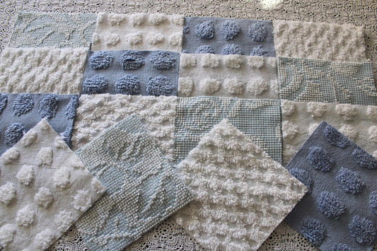 Chenille Fabric Squares, Beachy Blue & White Craft Square Set from Vintage Bedspread Fabric, 16 Blocks, 6" x 6" inch