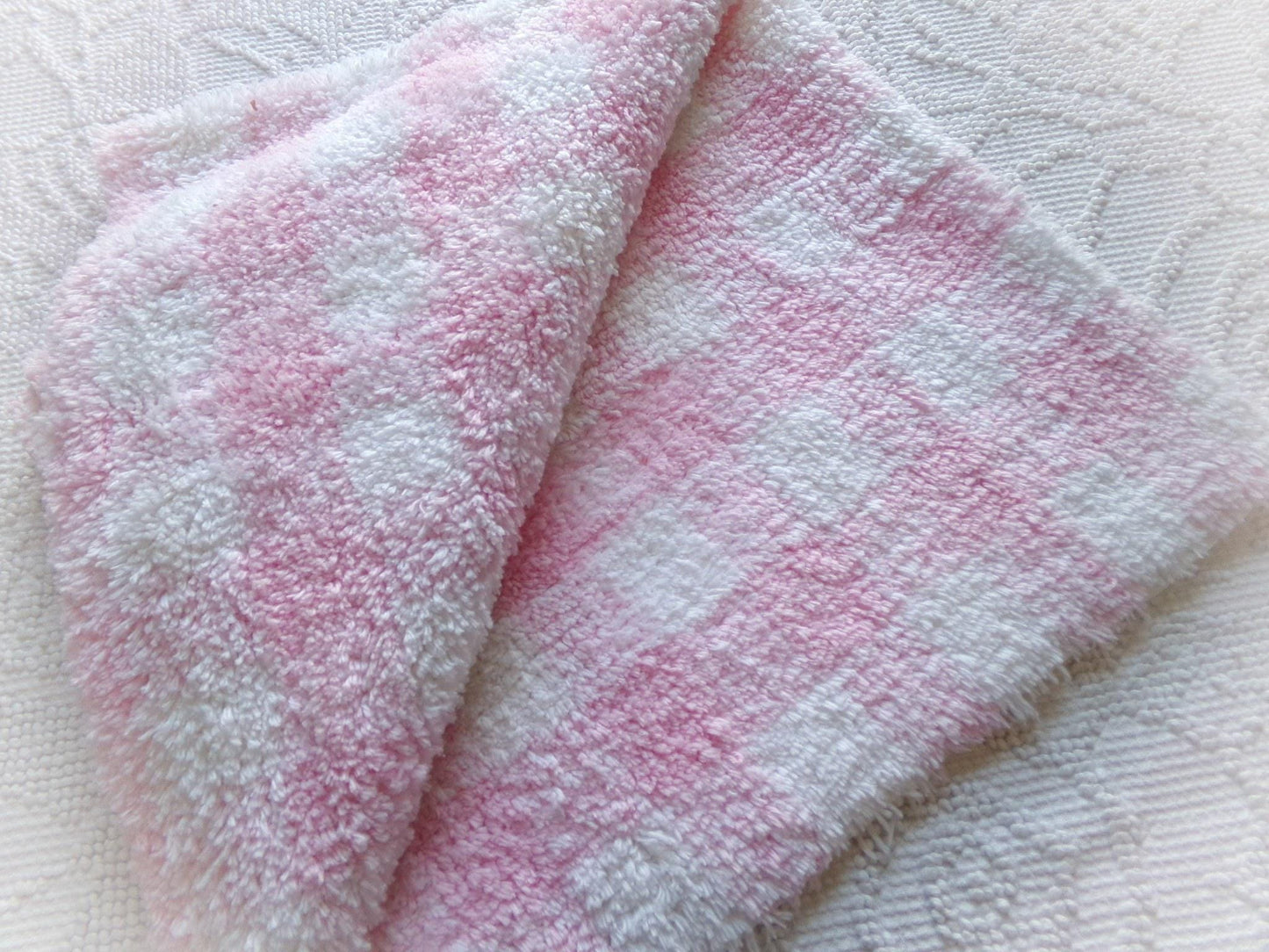 snuggle soft pink gingham vintage terry chenille fabric, pretty plaid design on white plush cotton blend 18" x 24" piece sewing fabric