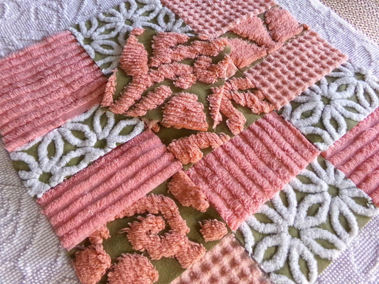 boho 70s style chenille fabric squares, olive green daisy, retro coral & peach colors, 16 blocks cut from vintage bedspreads, 6" x 6" each