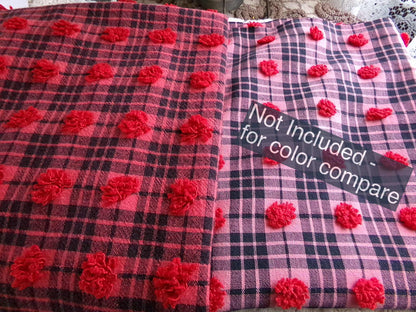 Midnight Black Tartan Plaid Vintage Chenille Bedspread Fabric, Tufted Deep Red Dots, 19" x 26" inch Piece, Lightweight Quilt Material