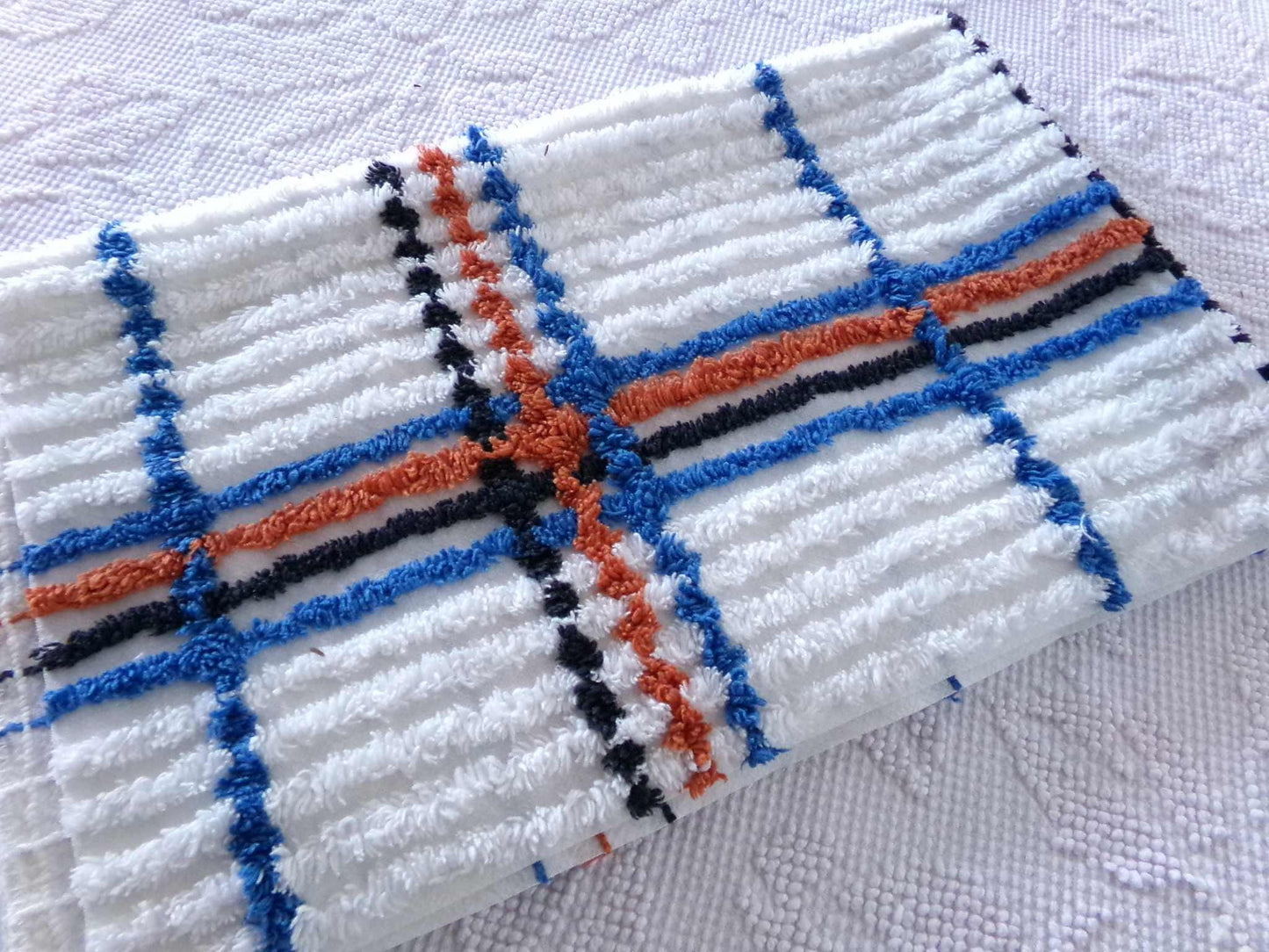 Vintage Chenille Fabric in a Unique Geometric Design, 28" x 15.5" inches, Masculine Black, Rust & Blue on White Cotton