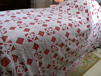 Modern Boho Terracotta Chenille Bedspread, Rustic Eight Point Star Vintage Quilt Style Design, Full Size Country Bedding