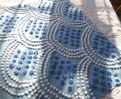mermaid tails vintage chenille fabric, 25" x 24" inch piece in beautiful blue & white scallop pops design