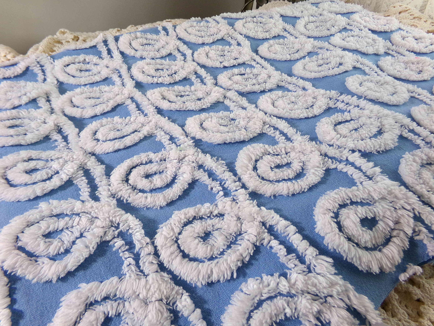 White & Blue Chenille Fabric, Soft Curlicue Swirls, 18" x 26" inch Piece, Vintage Cotton Material for Quilting, Crafts