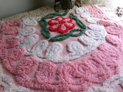 frosted pink cupcake vintage chenille fabric, iced wedding cake design with rose flower, 21" x 30" inch piece of sewing material