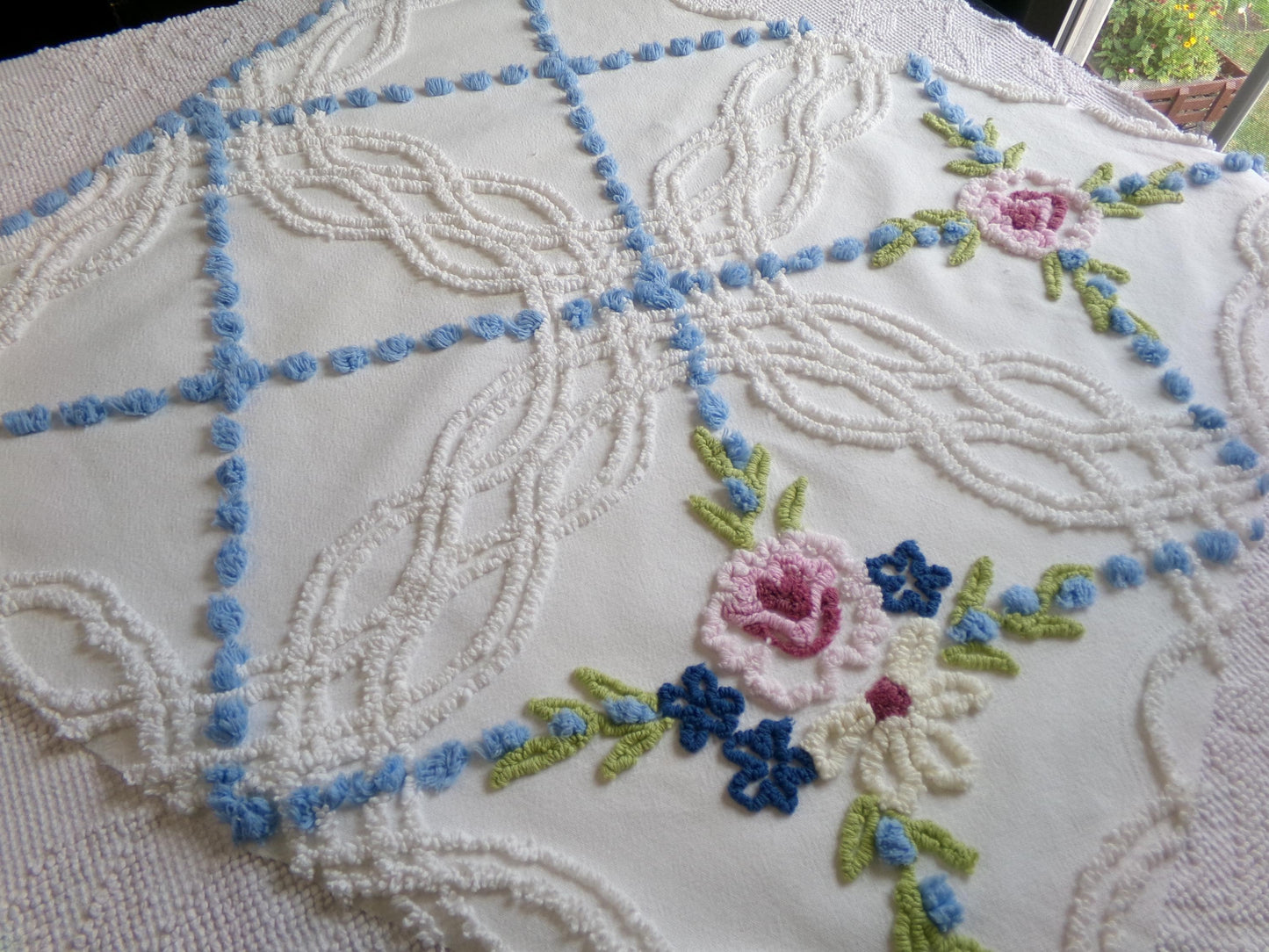 classic shabby style vintage chenille fabric, needletuft florals, blue pops, white cotton material, 22" x 24" piece for sewing, quilting