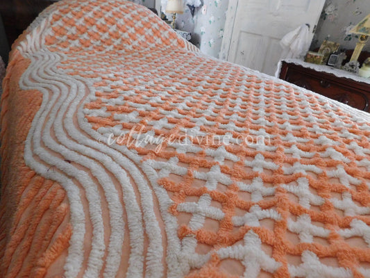 Delicious Peach Creamsicle Vintage Chenille Bedspread, 100% Plush Cotton, Twin Size
