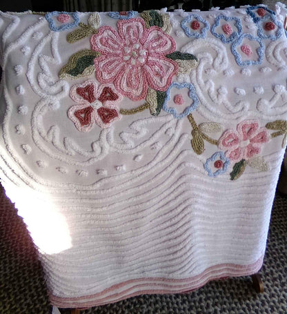 Lovely Spring Flowers Vintage Chenille Material, 29" x 25" inch Fabric Piece, Meadow Florals on White 100% Cotton, Pretty in pillows