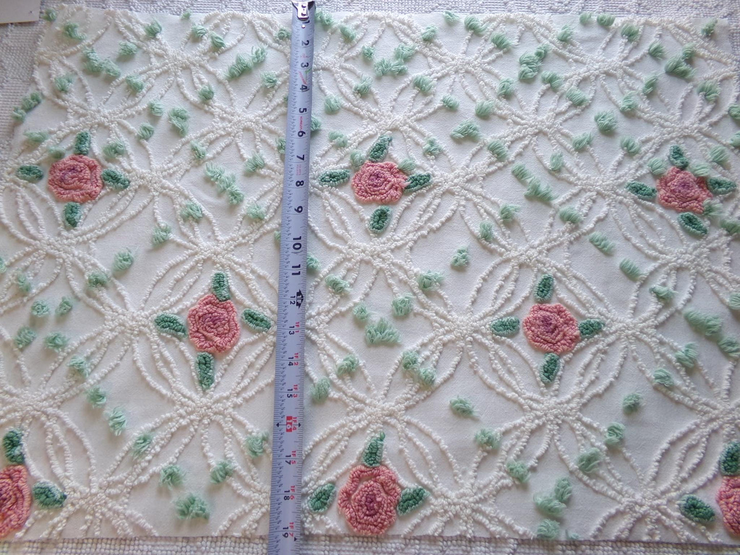 Pink Rose Garden Vintage Chenille Fabric, 18" x 25" Piece, Lovely Pink Florals in White Wedding Rings with Green Pops, 100% cotton material