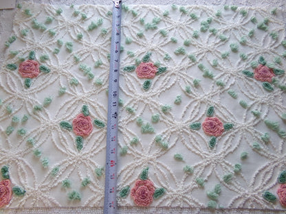 Pink Rose Garden Vintage Chenille Fabric, 18" x 25" Piece, Lovely Pink Florals in White Wedding Rings with Green Pops, 100% cotton material