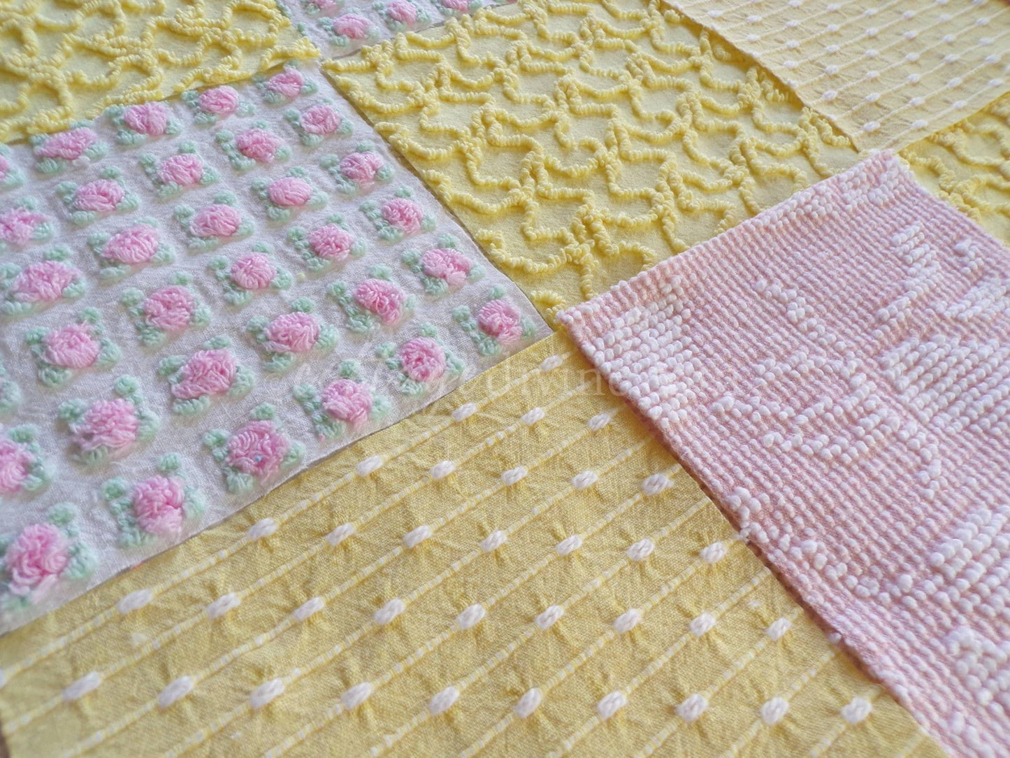 Spring Sunshine Chenille Quilt Squares Set from Vintage Bedspread Fabric, 16 Blocks, 6" x 6" inch