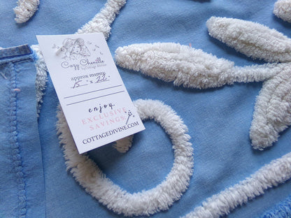 botanical white lily vintage chenille fabric, soothing blue 15" x 22" piece of sewing material for quilting and crafts