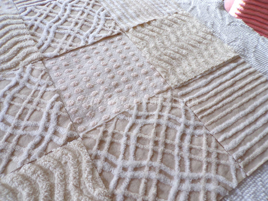 Cream Latte Quilt Squares Set from Vintage Chenille Bedspread Fabric, 16 Blocks, 6" x 6" inch, Neutral tones