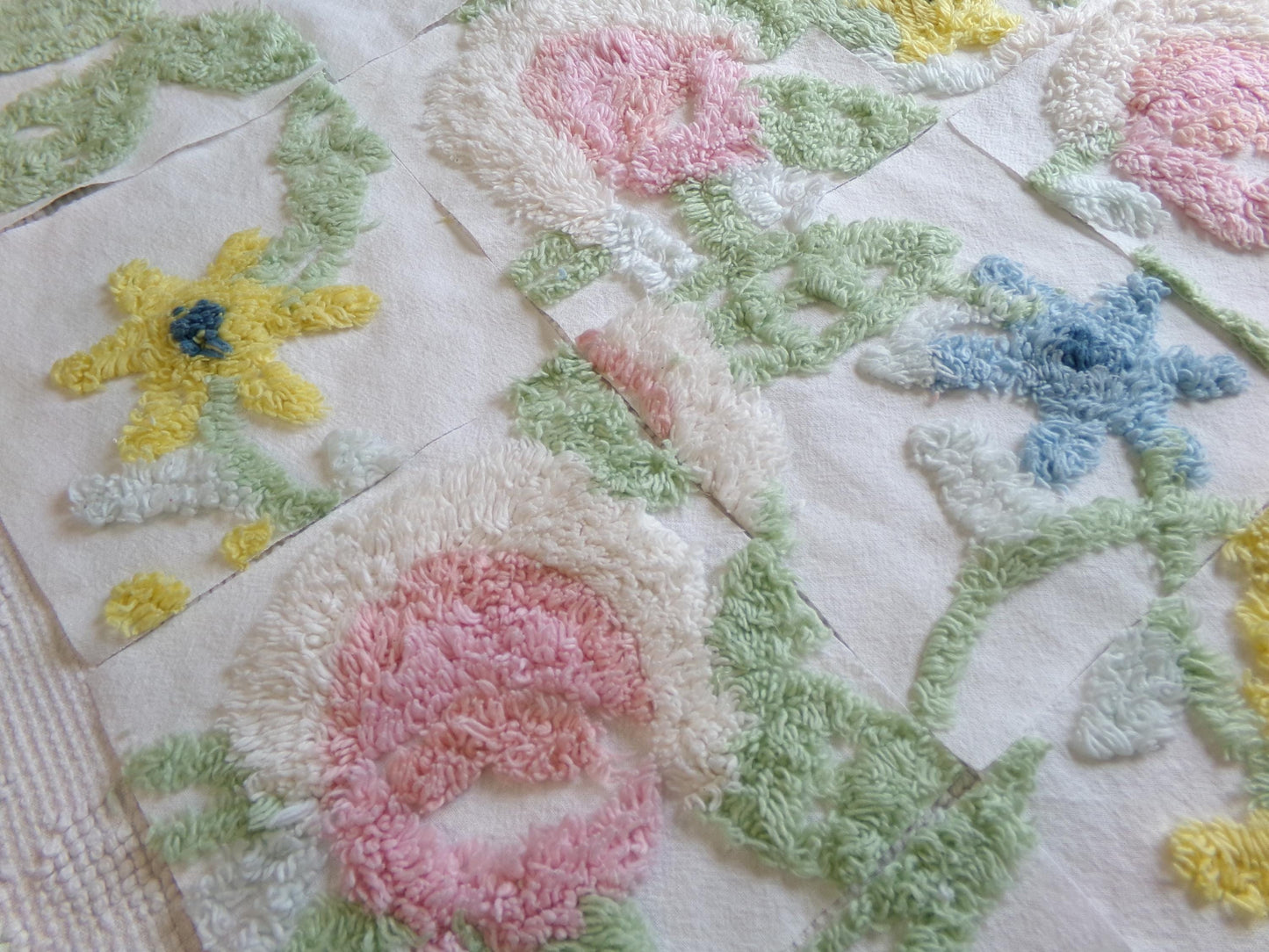 vintage chenille fabric squares, "bursting with flowers" set of 16 floral 6" quilt blocks for quilting, crafts, sewing