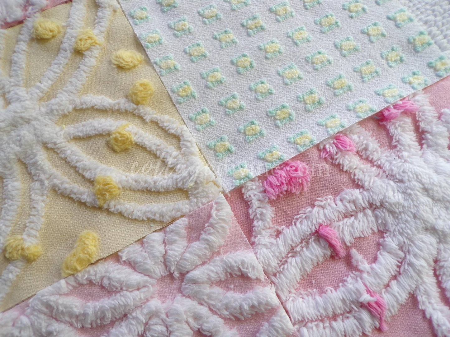Spring Fling Chenille Quilt Squares Set from Vintage Bedspread Fabric, 16 Blocks, 6" x 6" inch