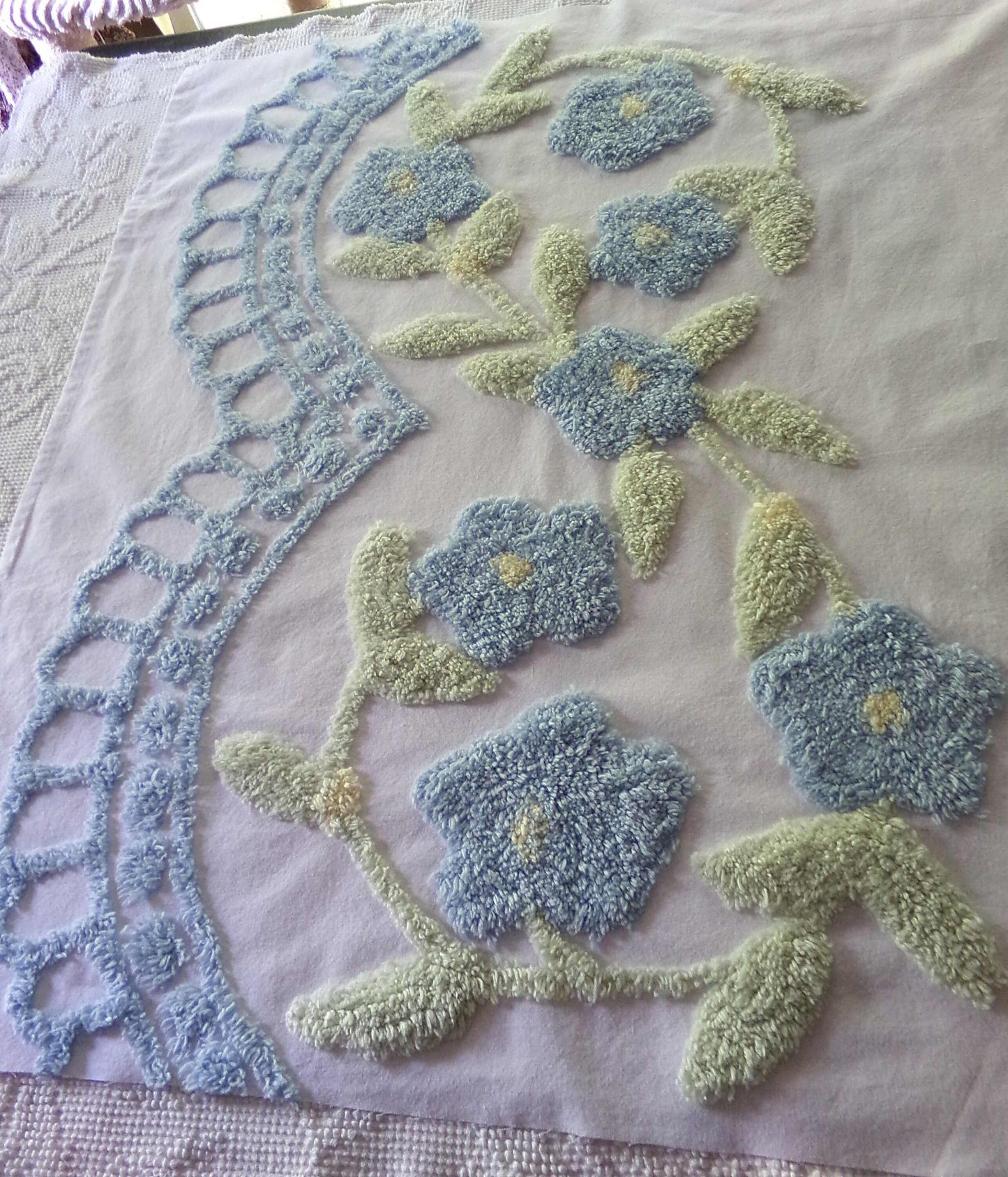 Vintage Style Floral Chenille Fabric, Blooming Blue Flowers, 25" x 27" inch Piece, 100% Cotton with Plush Tufting, Great for Pillows