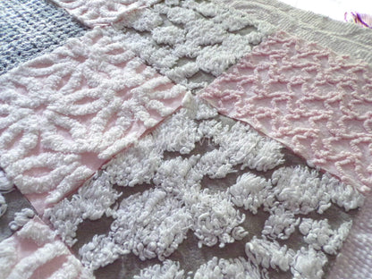 modern pink & grey chenille fabric squares, set of 16 vintage 6" quilt blocks for sewing, quilting, fiber arts