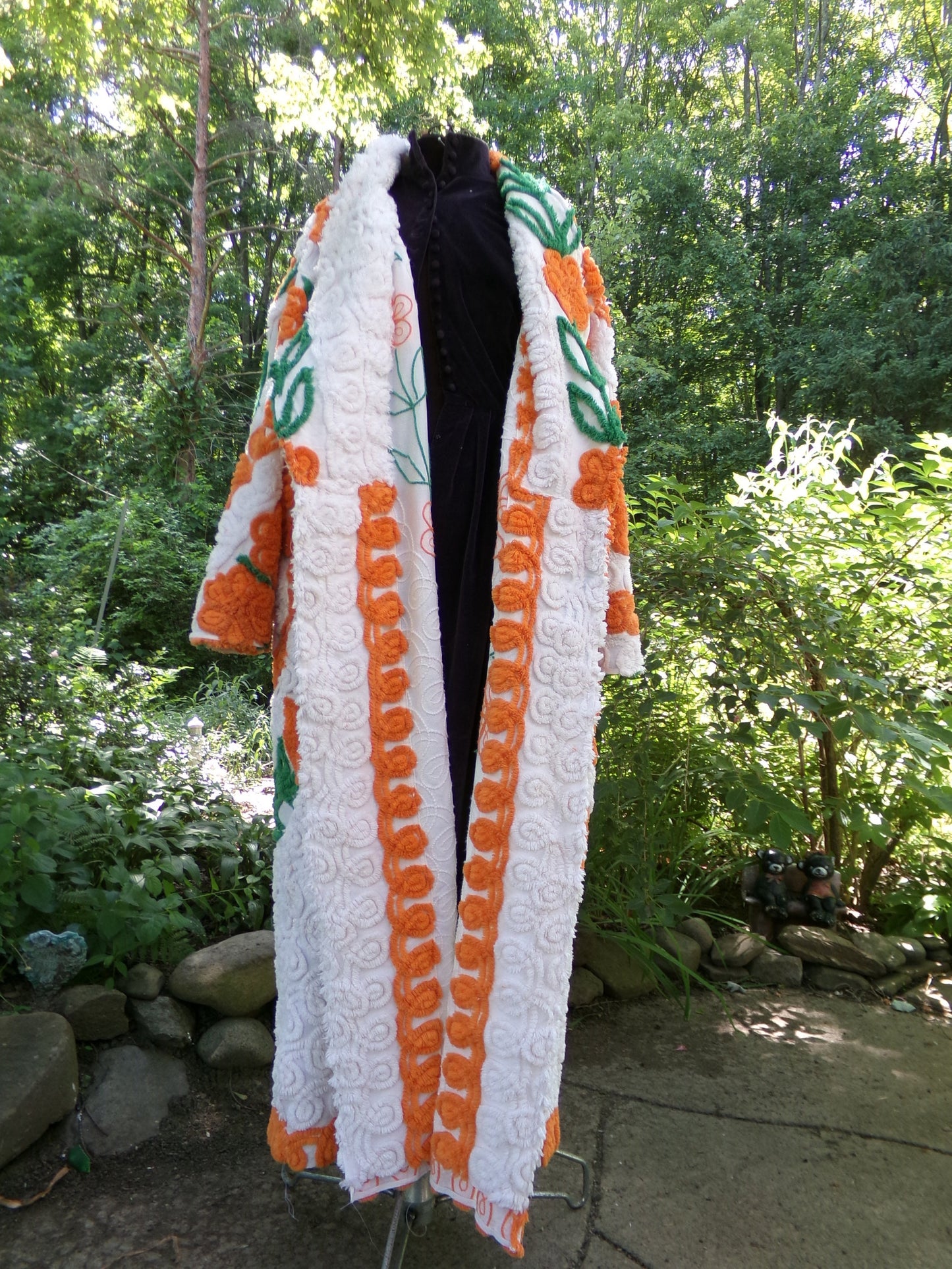 Plush & Warm Women's Chenille Robe, "Citrus Dreams" Bathrobe Upcycled from Vintage Chenille Bedspread Fabrics, Size L XL 1X