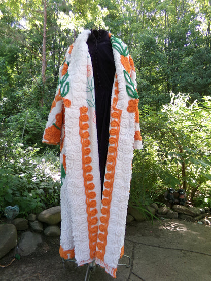 Plush & Warm Women's Chenille Robe, "Citrus Dreams" Bathrobe Upcycled from Vintage Chenille Bedspread Fabrics, Size L XL 1X