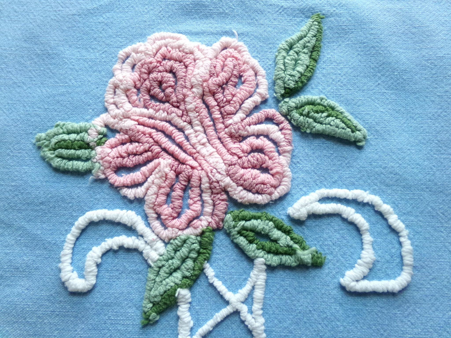 enchanted pink rose vintage chenille fabric, blue floral sewing material, 15" x 30" inch piece for wallhanging, quilts, fiber arts