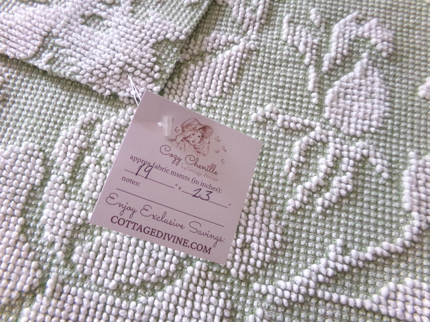 Sage Green Creamy White Cabbage Rose Chenille Fabric, 19" x 23" inch Piece, Vintage Fieldcrest Reversible Hobnail Design, Durable & Strong