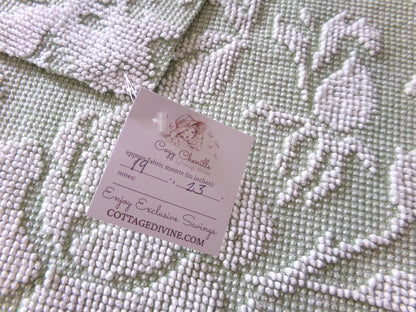 Sage Green Creamy White Cabbage Rose Chenille Fabric, 19" x 23" inch Piece, Vintage Fieldcrest Reversible Hobnail Design, Durable & Strong