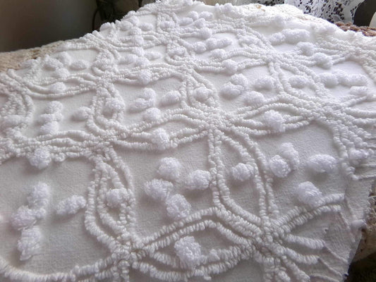 Simple White Vintage Chenille Fabric, Classic Wedding Rings & Dots, 14" x 21" inch piece of sewing material for quilts, pillows, crafts