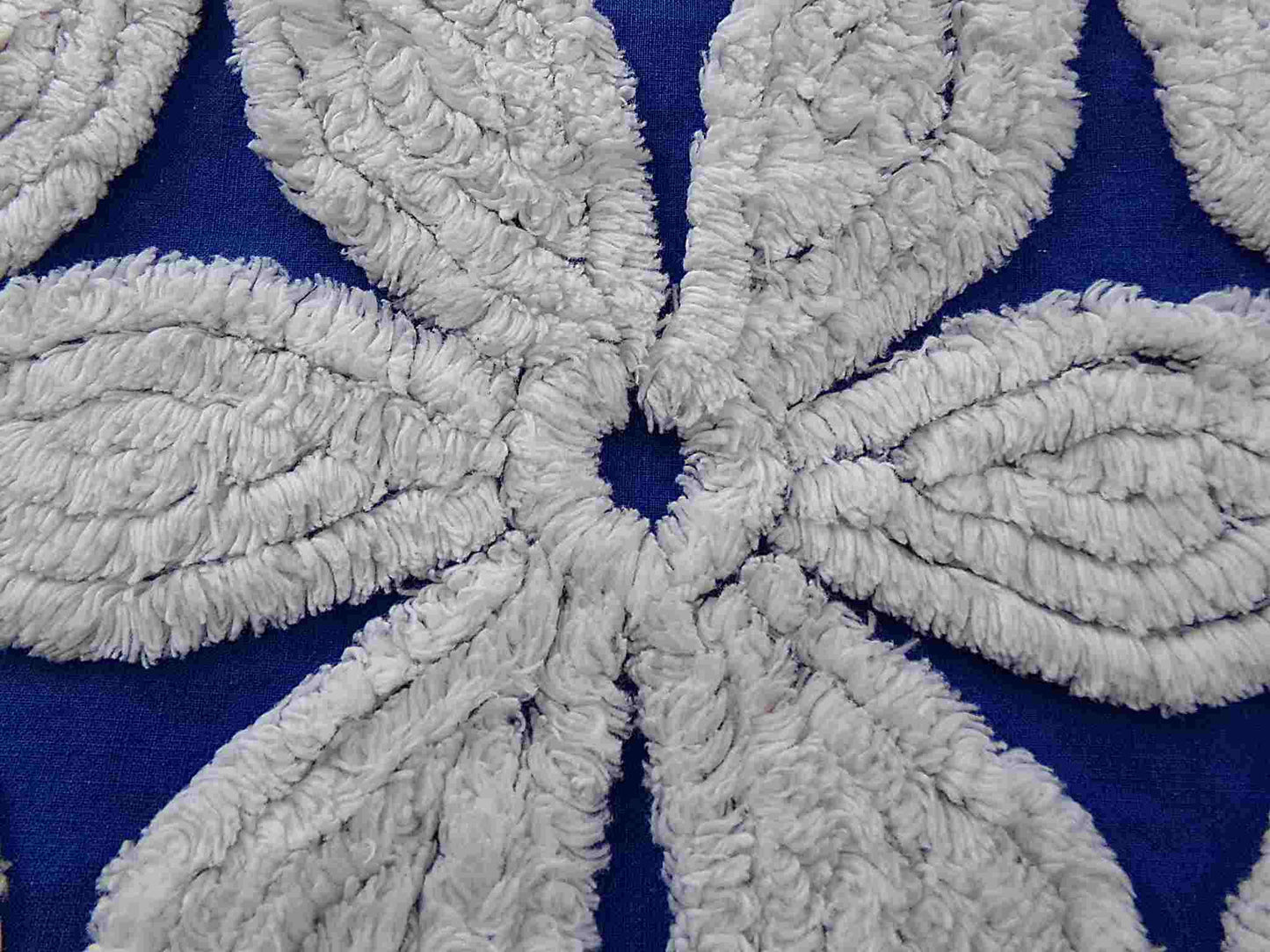 vintage chenille fabric, big beautiful white daisies on dramatic cobalt blue, 20" x 24"' inch piece, plush abstract coastal floral pattern