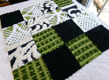 goblin green & black vintage chenille fabric squares, set of 16 boho 6" quilt blocks for crafts, sewing, diy pillow covers