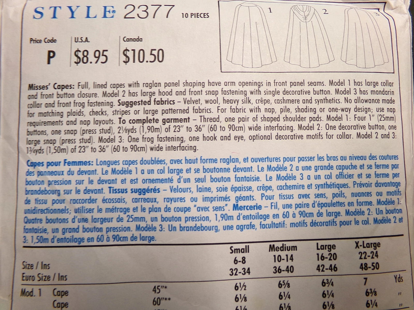 Vtg Style Sewing Pattern 2377 Hooded Cape Size S-M-L-XL UNCUT OOP 1993 Glamour