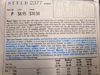 Vtg Style Sewing Pattern 2377 Hooded Cape Size S-M-L-XL UNCUT OOP 1993 Glamour