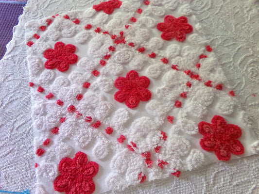 red roses in snow white vintage chenille fabric, 21" x 23" inch piece of shabby style sewing material for quilts & crafts