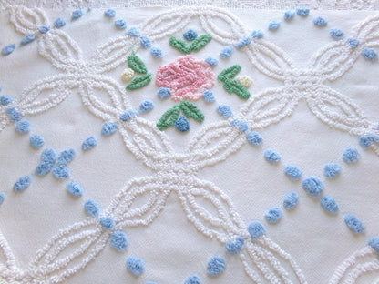 favorite cottage style vintage chenille fabric, pink roses & blue dots, 20" x 27" piece of white sewing material for quilting and crafts