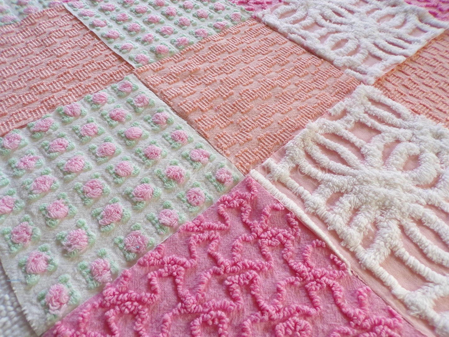 Sherbet Ice Cream Chenille Quilt Squares Set from Vintage Bedspread Fabric, 16 Blocks, 6" x 6" inch