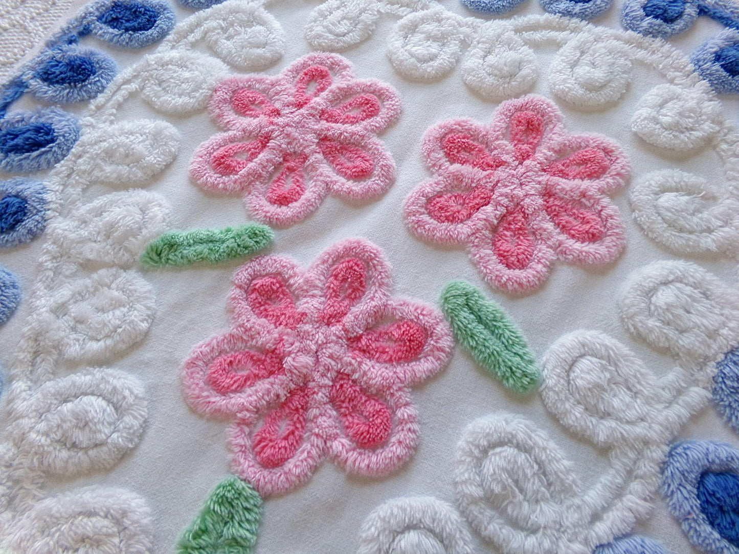 sweet 'n shabby vintage chenille fabric, pink & blue rose heart design, 24" x 25" piece of sewing material