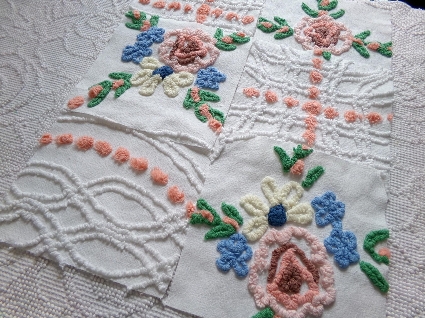 summer garden chenille fabric squares, set of 6 vintage 7.5" quilt blocks, peach, white rose floral & geometric for sewing, crafts, quilting