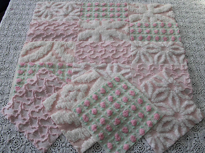 fairy pink chenille fabric squares, cottage rosebud & daisy, 16 vintage quilt blocks 6" x 6" inch, for patchwork pillows, quilting, crafts