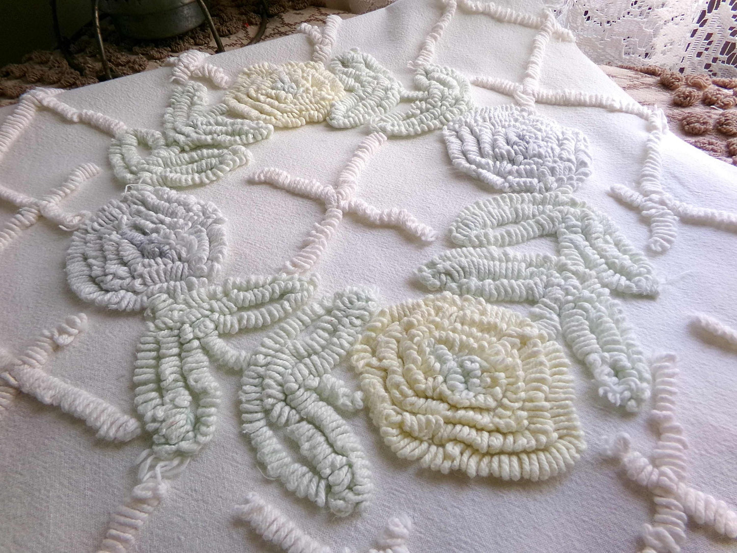 Pastel Spring Floral Wreaths Vintage Chenille FABRIC PIECE, 21" x 30" inches, Antique Cream