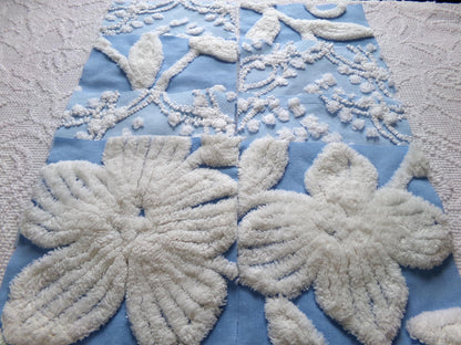 coastal breeze chenille fabric squares, set of 8 vintage 7.5" quilt blocks, blue geometric, white floral for sewing, crafts, quilting