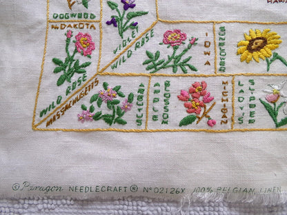 Vintage Embroidery Sampler 50 United States Flowers USA Map Heirloom Piece on 100% Belgian Linen, Paragon Stitchery, Completed, Unframed