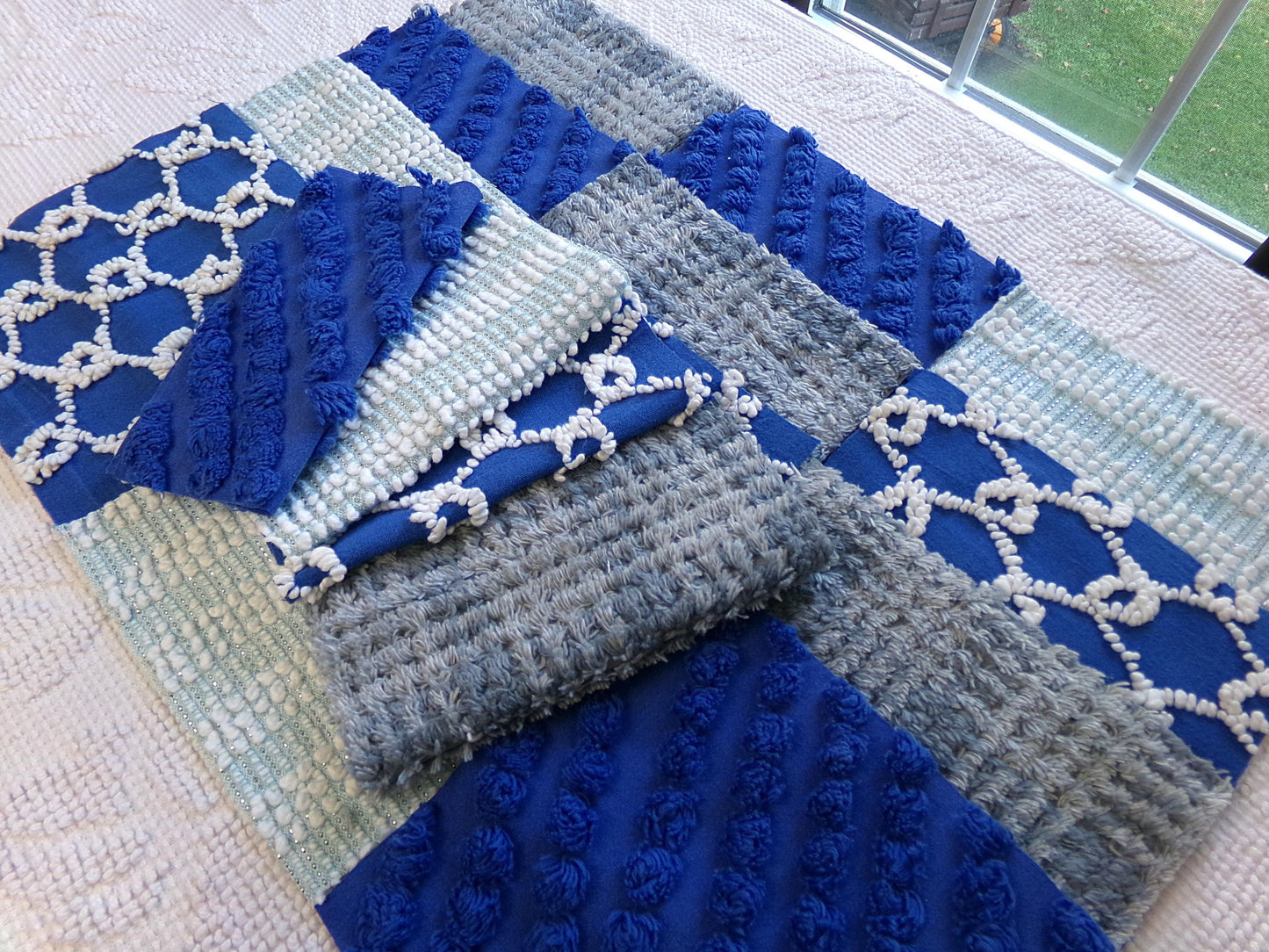 Vintage Chenille Fabric Squares - Set of 16 - Sporty Grey, White & Blue - 6" Quilt Blocks